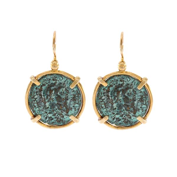 Golden silver bijou pendant earrings with coin