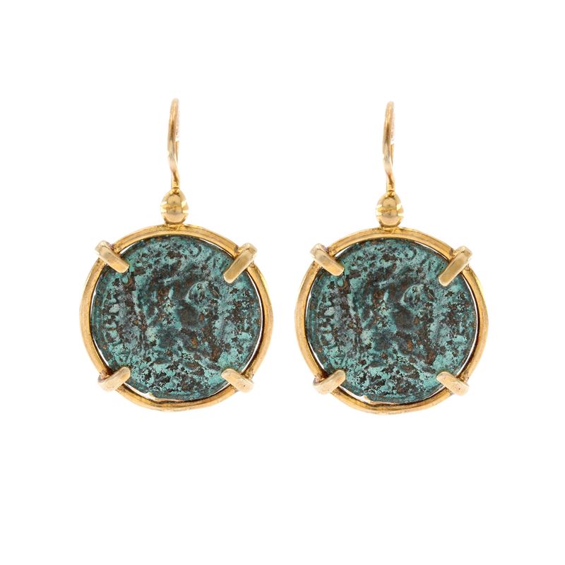 Orecchini Bijou Pendenti in Argento Dorato con Moneta