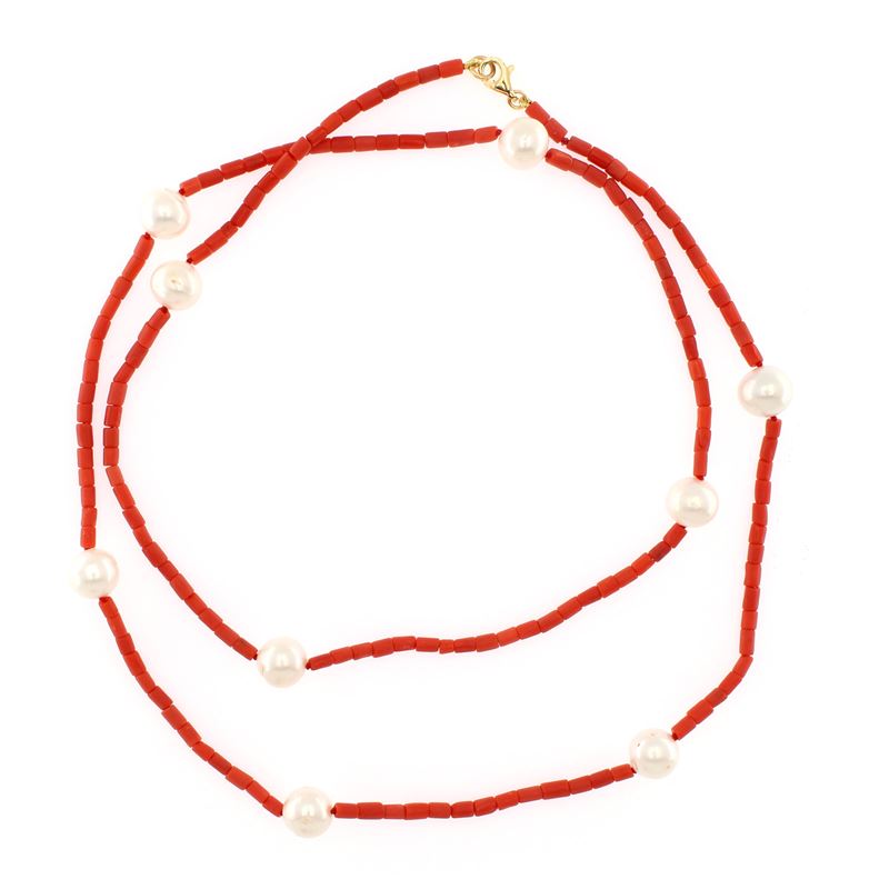 Collana Ad un Filo di Corallo Alternato da Perle Fresh Water