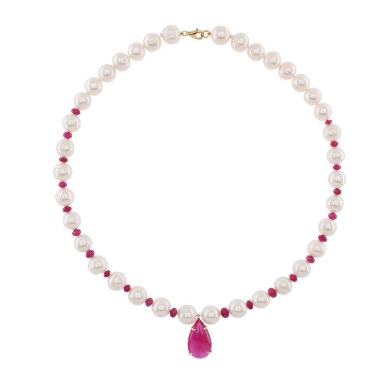 Collana Ad un Filo di Perle Alternate da Rubini