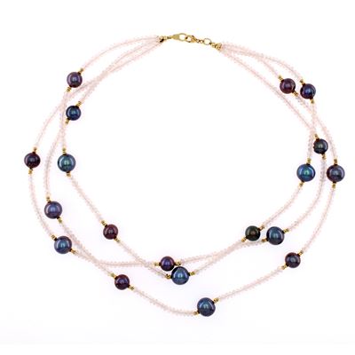 Collana a Tre Fili di Cristallo di Rocca Alternato da Perle Grigie