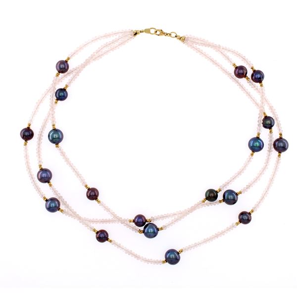 Three strands of rock crystal alternating with gray pearls necklace