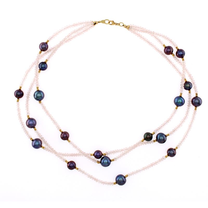 Collana a Tre Fili di Cristallo di Rocca Alternato da Perle Grigie