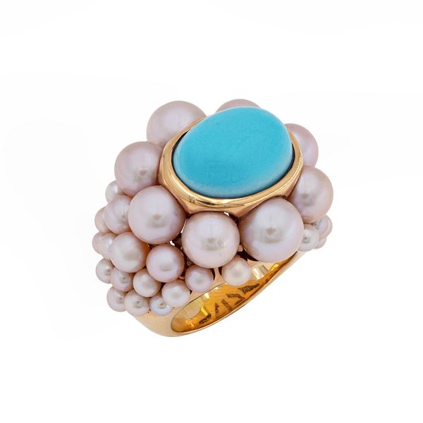 Mimi  18kt yellow gold, turquoise and pink pearls cocktail ring