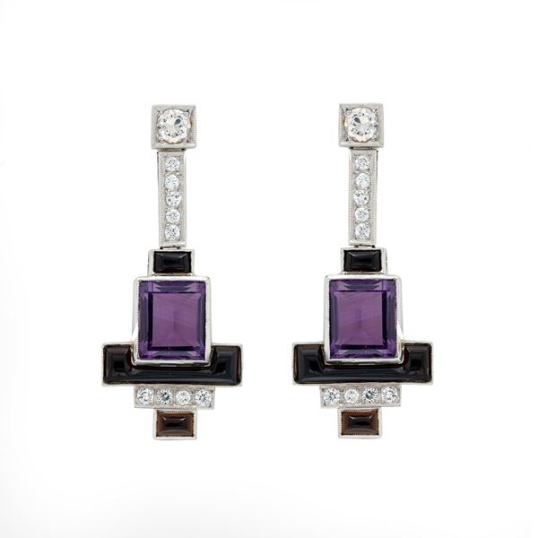 Amethyst platinum, black onyx and diamonds Decò pendant earrings