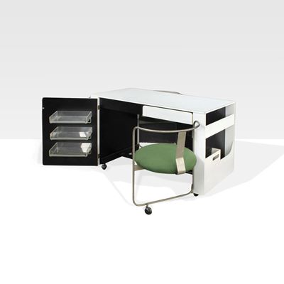 Gio Ponti, Scrivania bi-posto con sedie integrate modello A012, 1970 circa