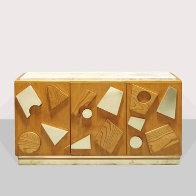 Manifattura italiana, Cassettiera in legno, ottone e marmo, anni '90