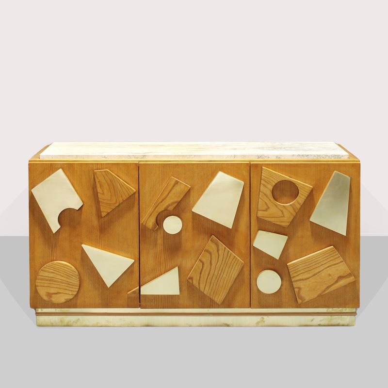 Manifattura italiana, Cassettiera in legno, ottone e marmo, anni '90