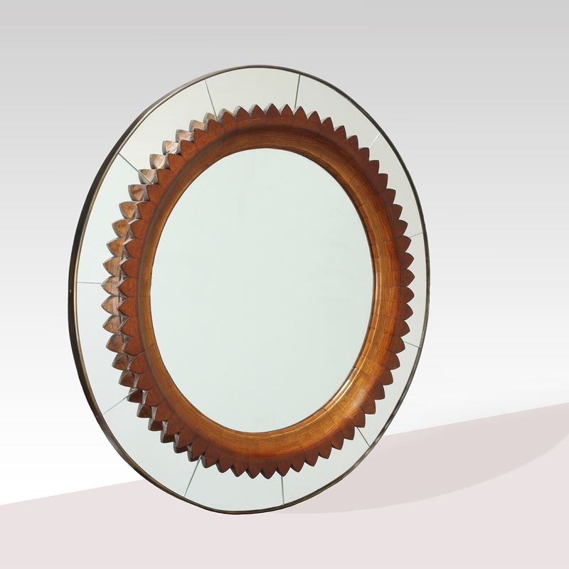 Fratelli Marelli, Specchio da parete in legno e vetro specchiato, d. 100 cm, Italia, circa 1950