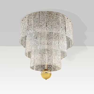Manifattura italiana, Lampada da soffitto in vetro e ottone
