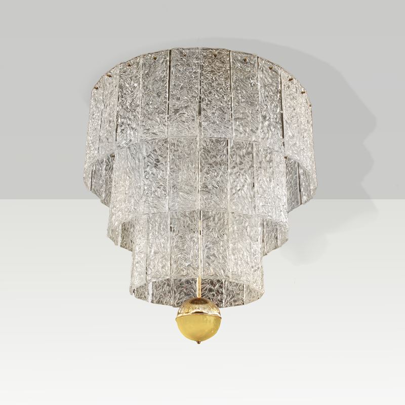 Manifattura italiana, Lampada da soffitto in vetro e ottone