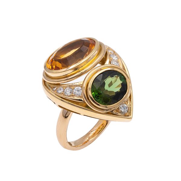 Anello in oro giallo 18kt quarzo citrino e peridoto
