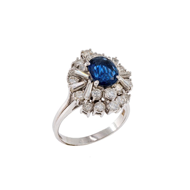 Anello in oro bianco 18kt con zaffiro naturale e diamanti