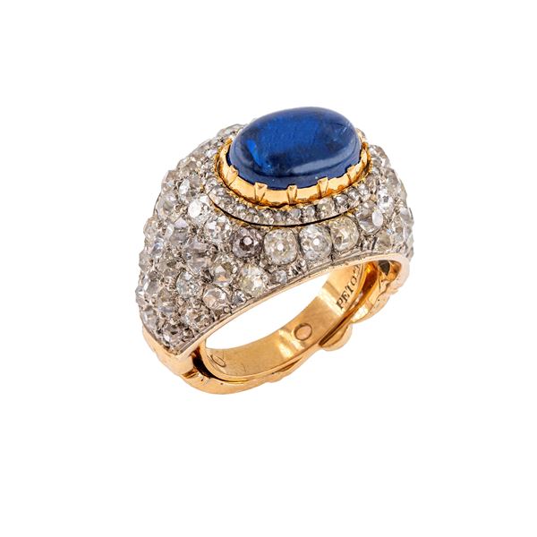 Petochi, anello in oro giallo e argento zaffiro naturale e diamanti