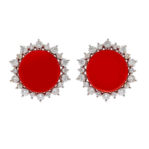 18kt white gold with Sardinia coral and diamonds lobe earrings  - Auction Jewels and Watches - Colasanti Casa d'Aste