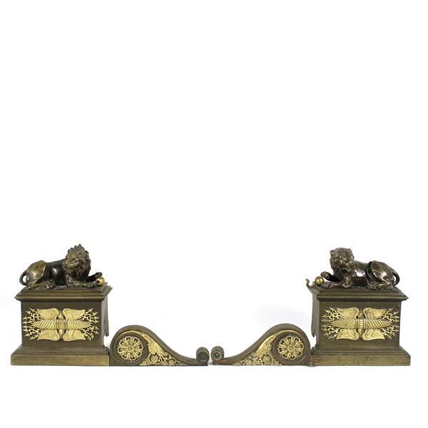 Pair of  gilded and burnished bronze andirons