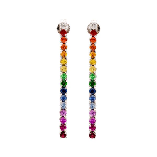 White gold pendant earrings with different colored sapphires and diamonds