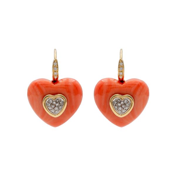 18kt yellow gold earrings with coral hearts  - Auction Jewels and Watches - Colasanti Casa d'Aste