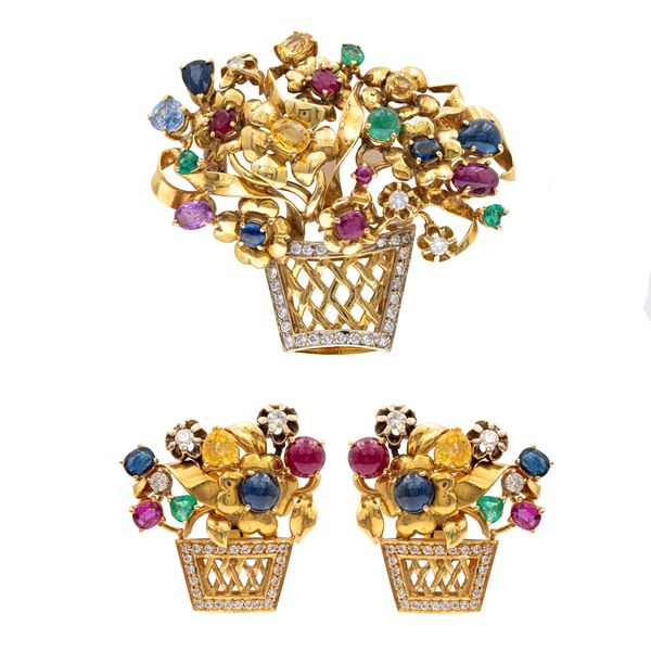 Flower basket parure comprising a brooch and lobe earrings