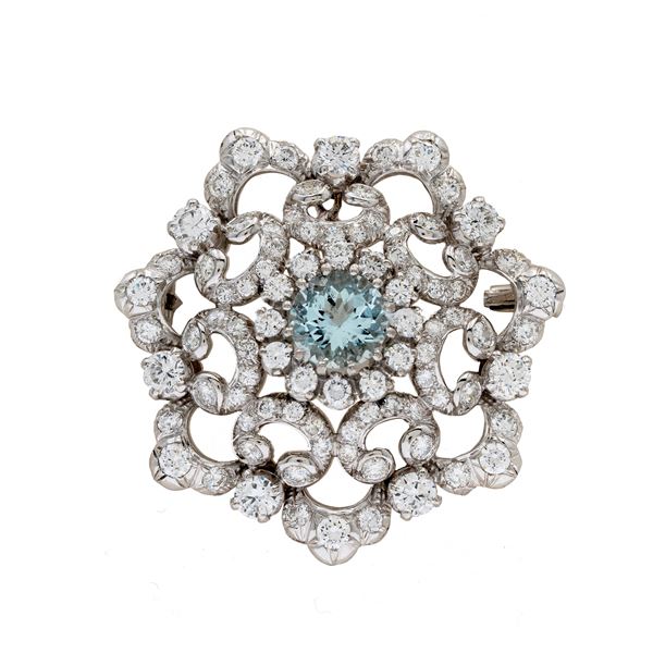 Ventrella brooch in platinum with natural aquamarine and diamonds