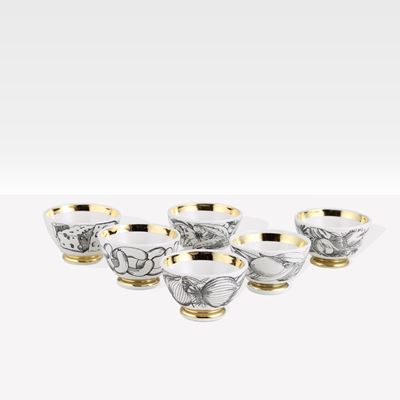 Fornasetti, Set di sei bowl in ceramica decorata, Italia, anni '60