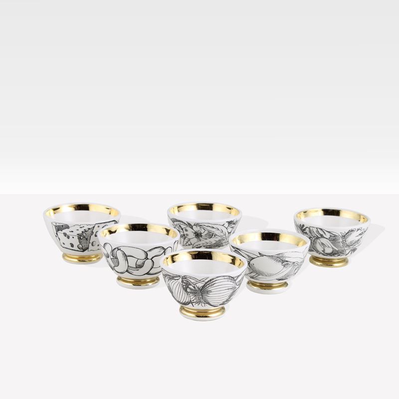 Fornasetti, Set di sei bowl in ceramica decorata, Italia, anni '60