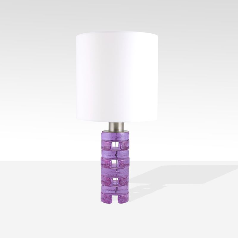 Albano Poli, Lampada da tavolo in ottone cromato e vetro colorato, produzione Poliarte