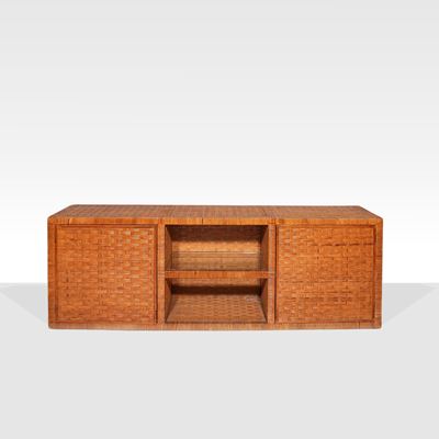 Prod. Vivai Del Sud, Sideboard in legno, midollino e vetro trasparente, Italia, anni '70