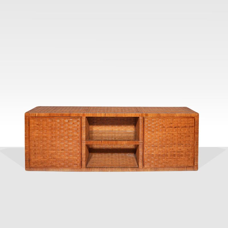 Prod. Vivai Del Sud, Sideboard in legno, midollino e vetro trasparente, Italia, anni '70