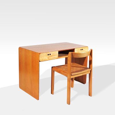 Derk Jan De Vries, Scrivania e Sedia in Legno e Paglia di Vienna, Belgio, Anni '80