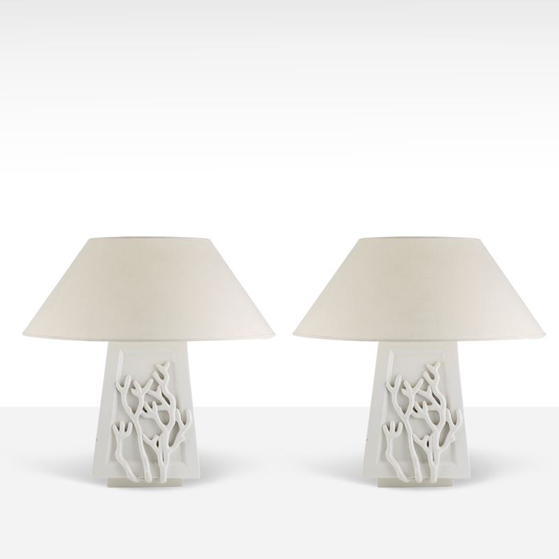 Paolo D'Anna, Coppia di lampade da tavolo in ceramica smaltata con paralumi