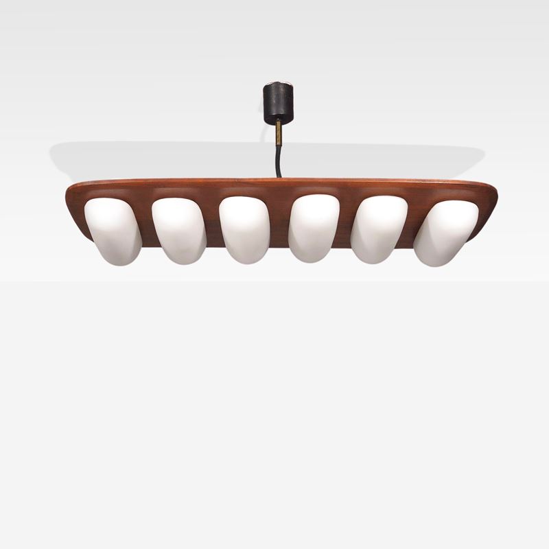 Goffredo Reggiani, Lampada a Sospensione in Legno e Vetro Opalino