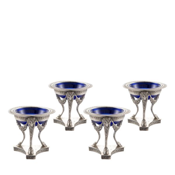 Four silver and opaline glass salt cellars