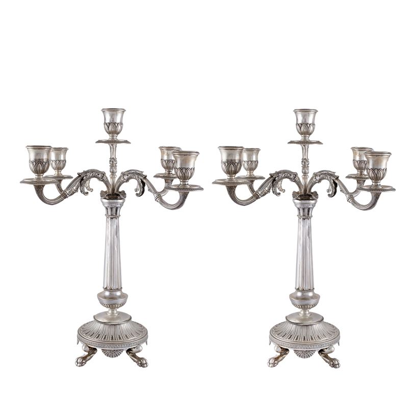 Coppia di Candelabri in Argento a Cinque Luci