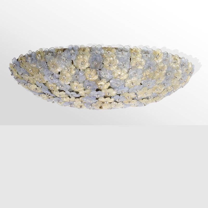Flavio Poli, Lampada da soffitto in metallo dorato e vetro di Murano, anni '50-60