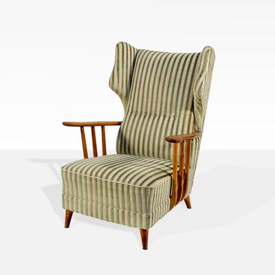 Ico Parisi, Poltrona bergère in legno e tessuto imbottito, Cantù 1950