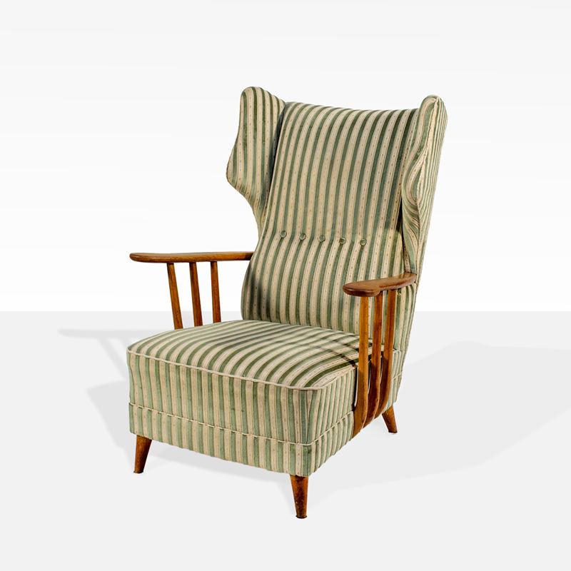 Ico Parisi, Poltrona bergère in legno e tessuto imbottito, Cantù 1950