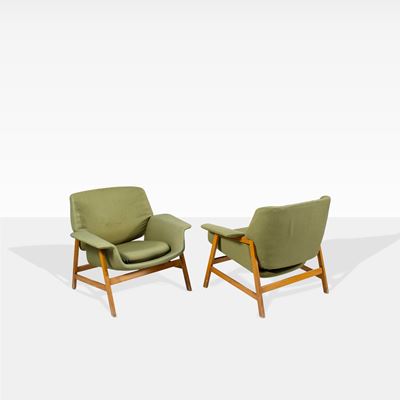 Gianfranco Frattini, Poltrone modello 849, legno e tessuto imbottito, Meda 1956