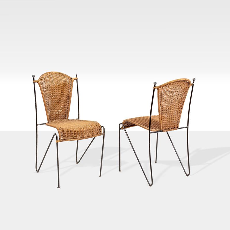 Frederick Weinberg, Set di quattro sedie in metallo verniciato, rattan e vimini, anni '60