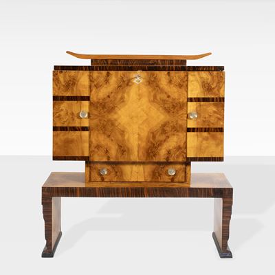 Manifattura italiana, Mobile bar in legno, ottone e vetro specchiato, anni '20-'30