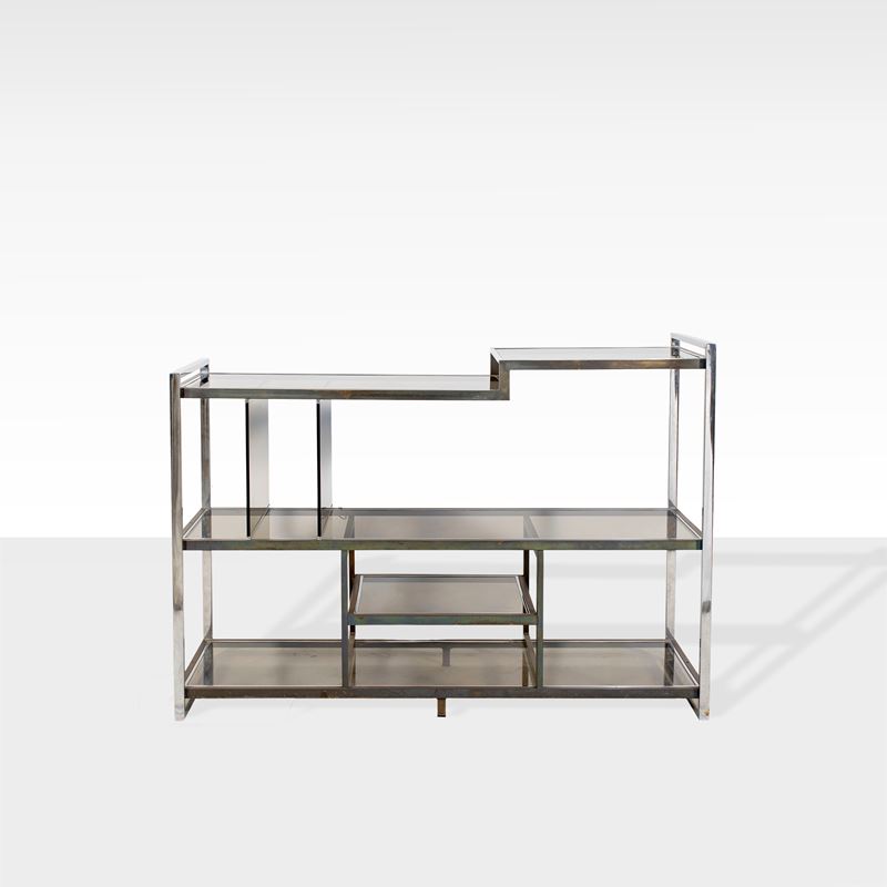 Serantoni & Arcangeli, Etagere in acciaio cromato, ottone e vetro fumé, Italia, anni '70
