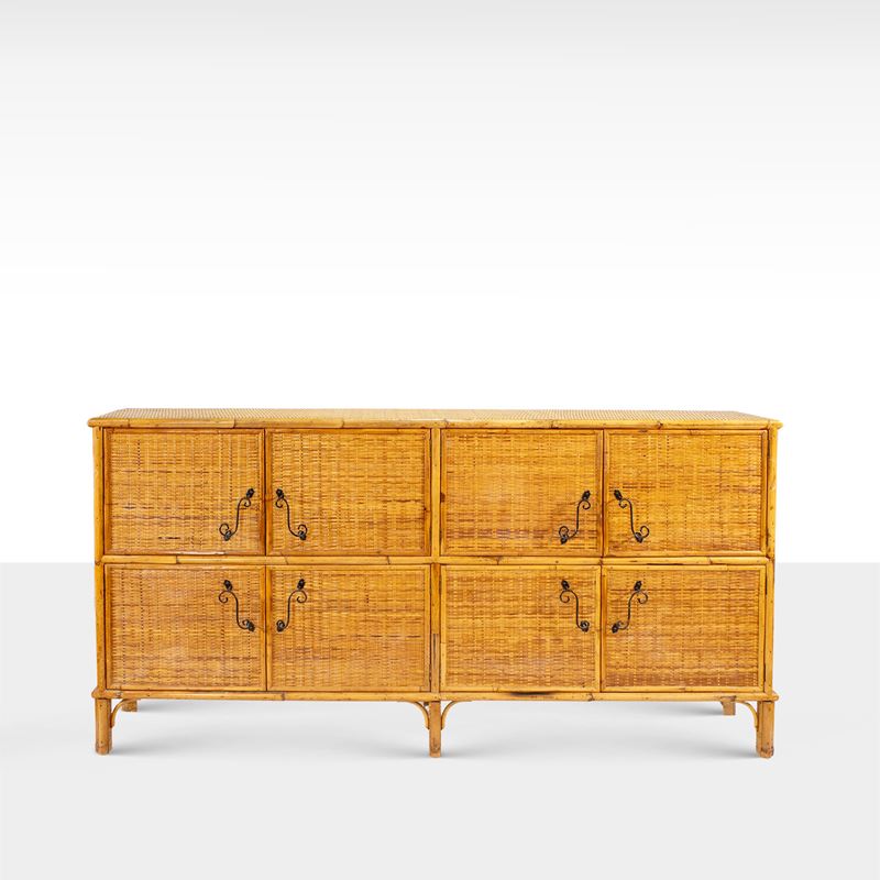 Manifattura italiana, Credenza in midollino, bambù e metallo verniciato degli anni '70-'80