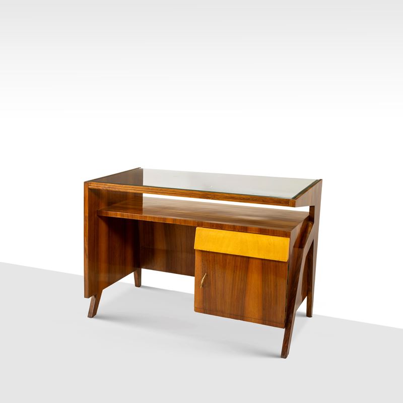 Manifattura italiana, Scrivania in legno, ottone e vetro trasparente, anni '50-'60