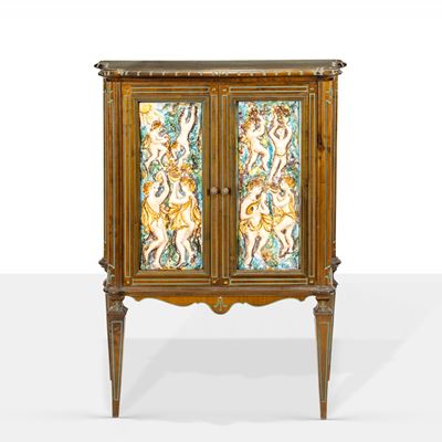 Manifattura italiana, Credenza in legno e ceramica policroma