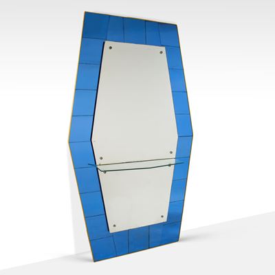 Cristal Art, Specchio da parete con mensola in ottone, vetro trasparente e colorato