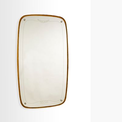 Manifattura italiana, Specchio da parete in legno e vetro inciso