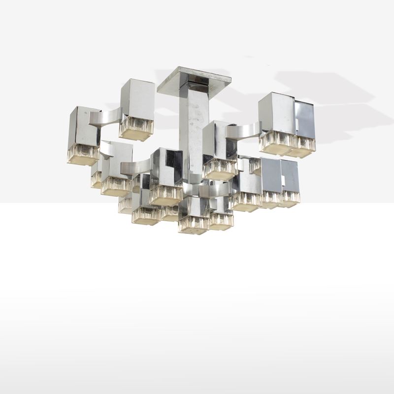 Gaetano Sciolari, Lampada a sospensione Modello Cubic in metallo cromato e perspex