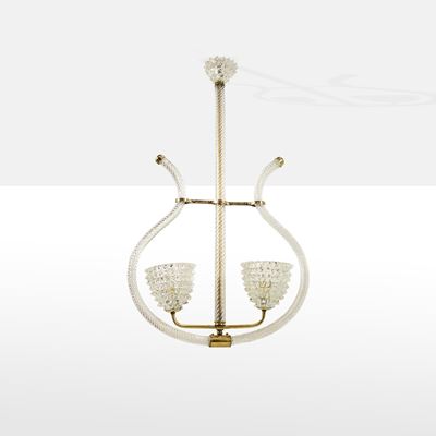 Barovier & Toso, Lampada a sospensione in vetro rostrato trasparente e ottone
