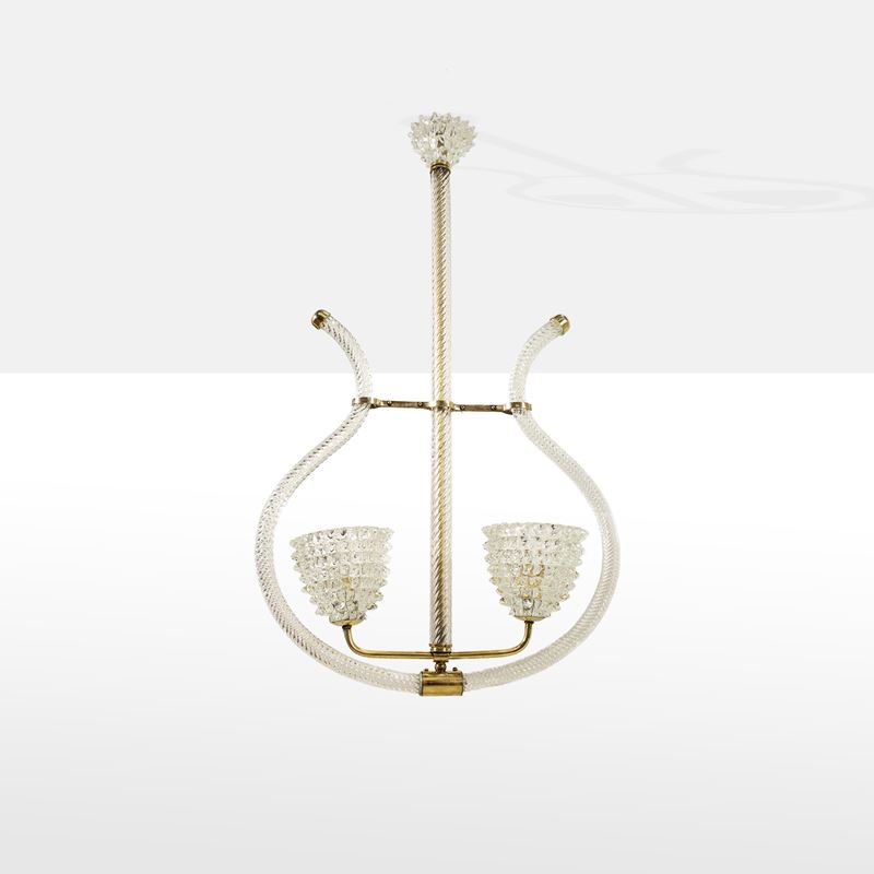 Barovier & Toso, Lampada a sospensione in vetro rostrato trasparente e ottone
