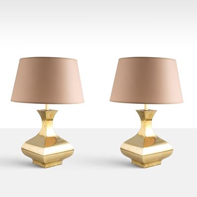 Grillo Tonello, Coppia di lampade mod. Piramide in ottone con paralume